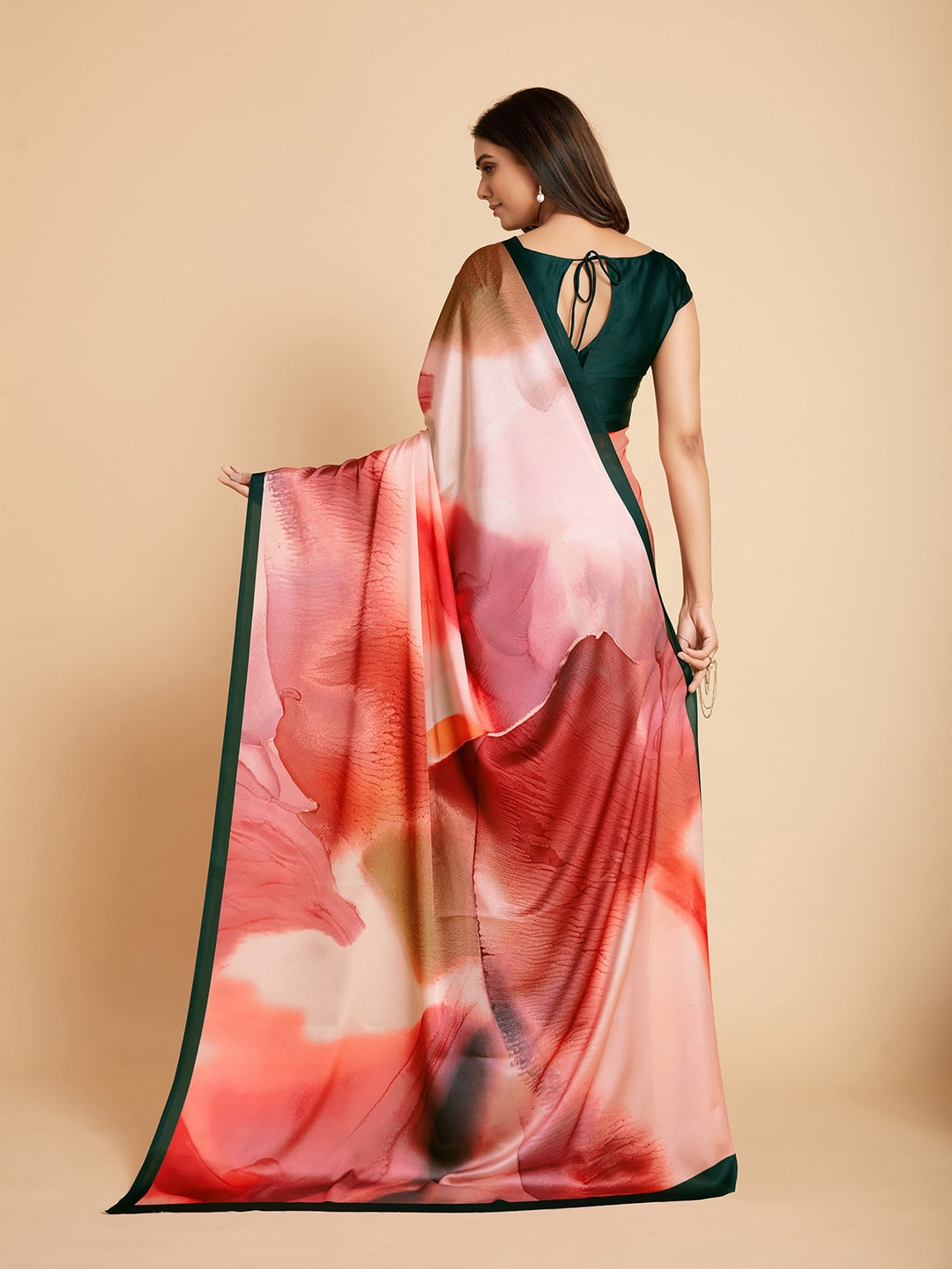 Sangria Peach-Coloured & Blue Satin Ready to Wear Saree | Swadesiicart