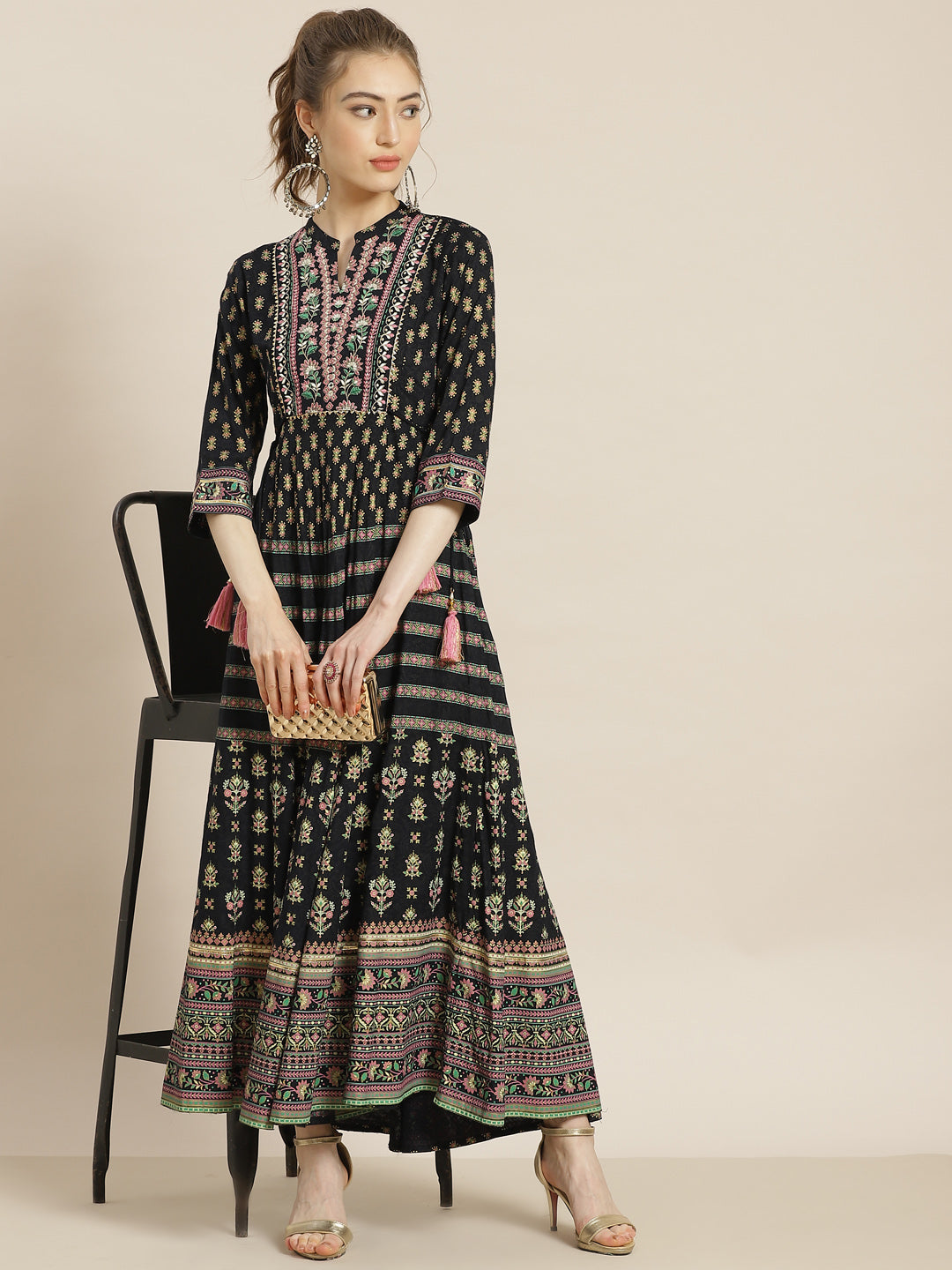 Juniper Womens Dark Blue Foil Printed Circular Maxi Dress With Yoke Embroidery | Swadesiicart