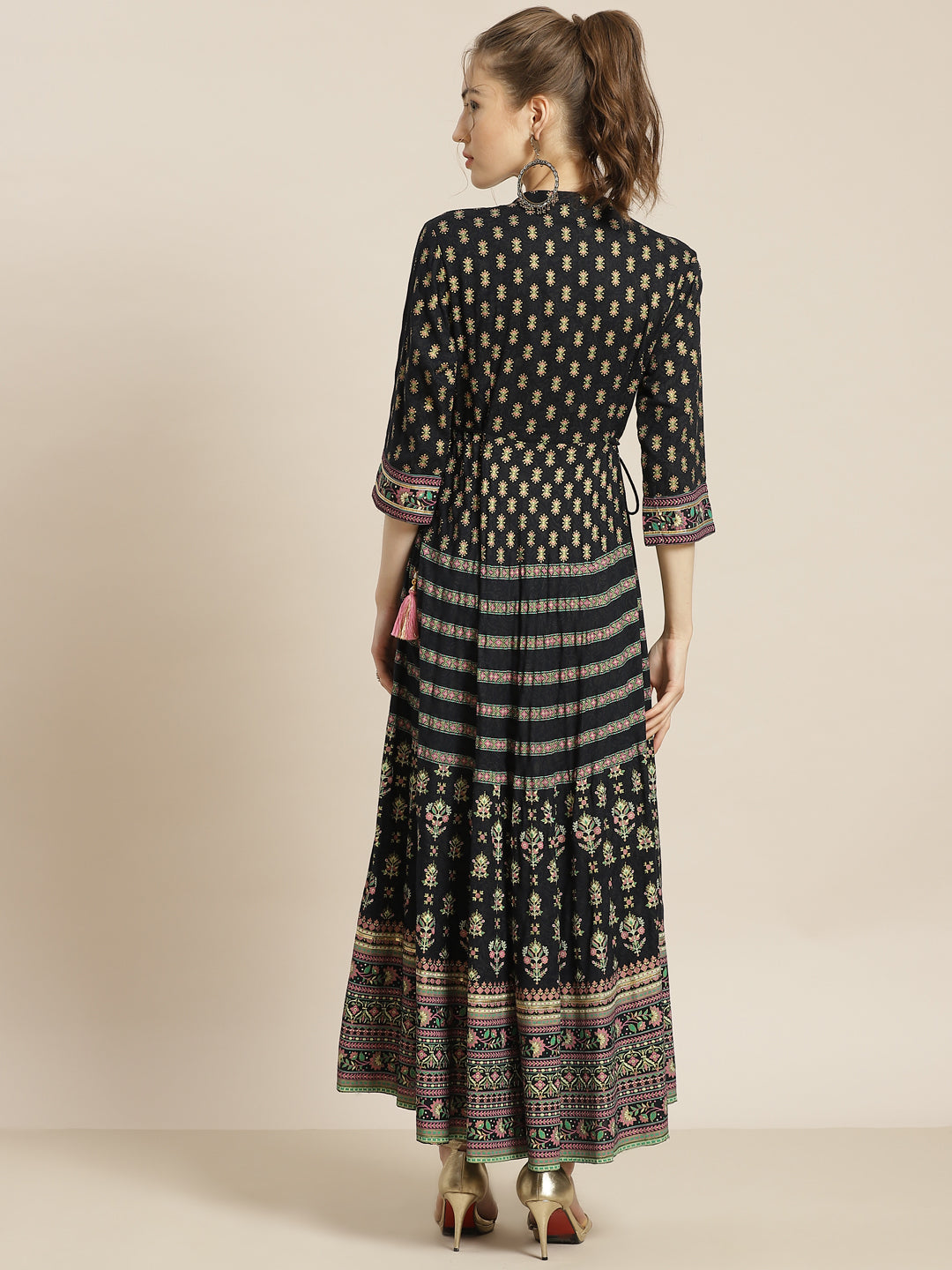 Juniper Womens Dark Blue Foil Printed Circular Maxi Dress With Yoke Embroidery | Swadesiicart