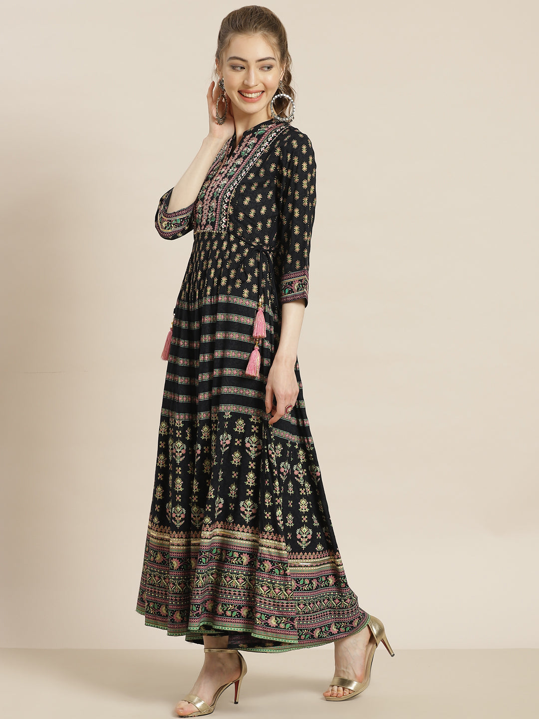 Juniper Womens Dark Blue Foil Printed Circular Maxi Dress With Yoke Embroidery | Swadesiicart
