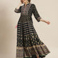 Juniper Womens Dark Blue Foil Printed Circular Maxi Dress With Yoke Embroidery | Swadesiicart
