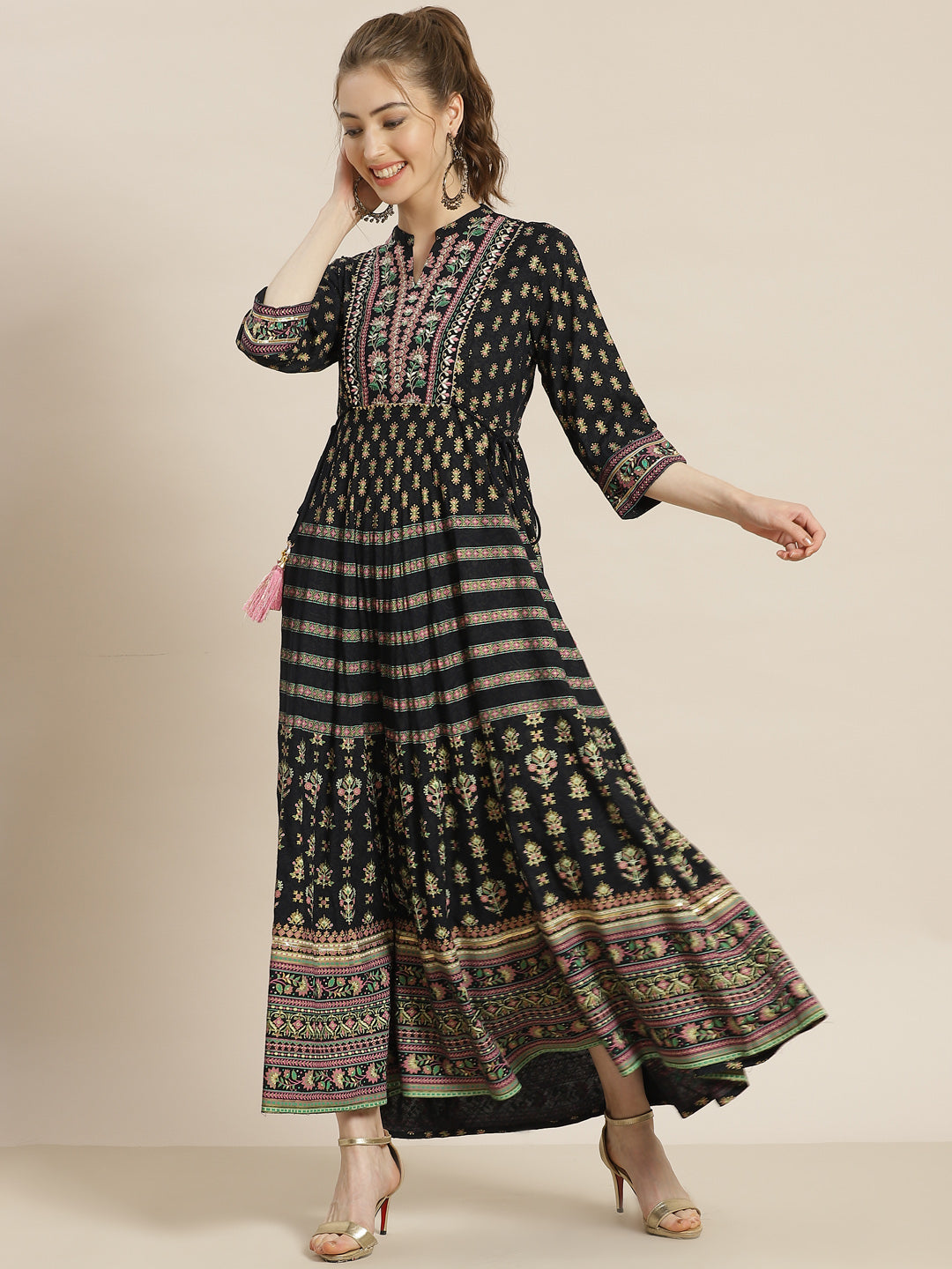 Juniper Womens Dark Blue Foil Printed Circular Maxi Dress With Yoke Embroidery | Swadesiicart