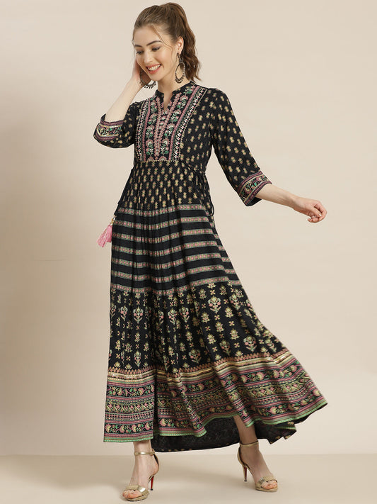 Juniper Womens Dark Blue Foil Printed Circular Maxi Dress With Yoke Embroidery | Swadesiicart