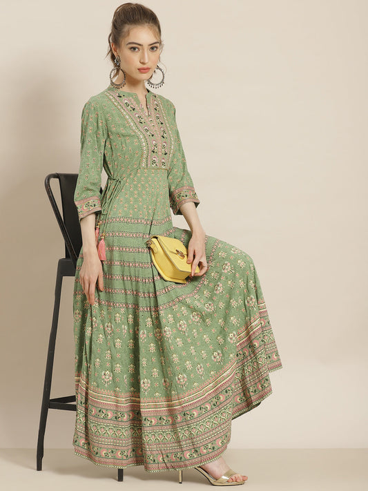 Juniper Womens Pistagreen Foil Printed Circular Maxi Dress With Yoke Embroidery | Swadesiicart