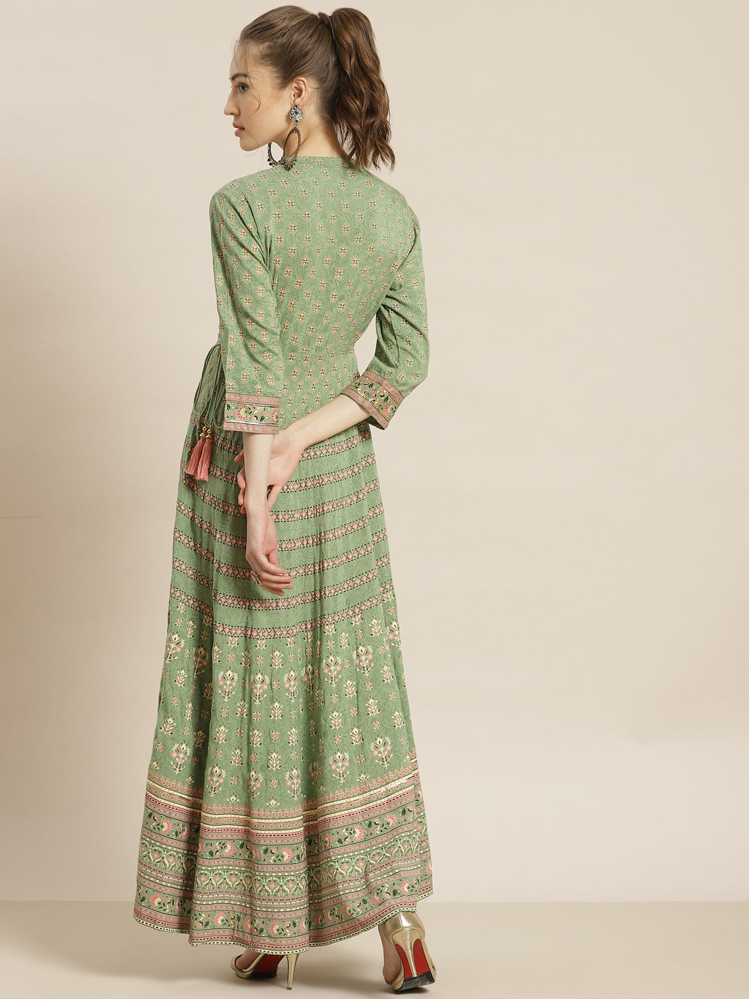Juniper Womens Pistagreen Foil Printed Circular Maxi Dress With Yoke Embroidery | Swadesiicart
