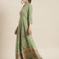 Juniper Womens Pistagreen Foil Printed Circular Maxi Dress With Yoke Embroidery | Swadesiicart