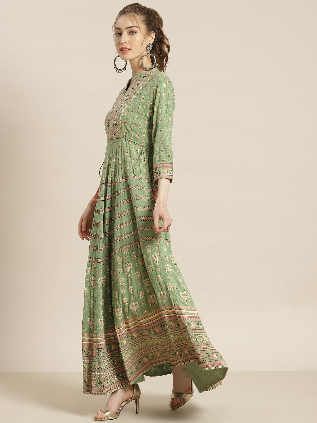 Juniper Womens Pistagreen Foil Printed Circular Maxi Dress With Yoke Embroidery | Swadesiicart