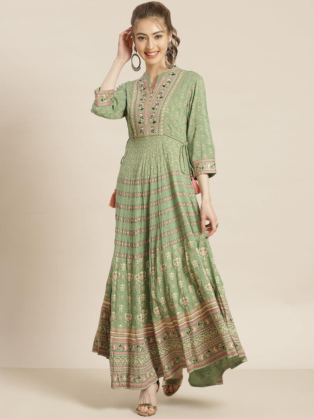 Juniper Womens Pistagreen Foil Printed Circular Maxi Dress With Yoke Embroidery | Swadesiicart