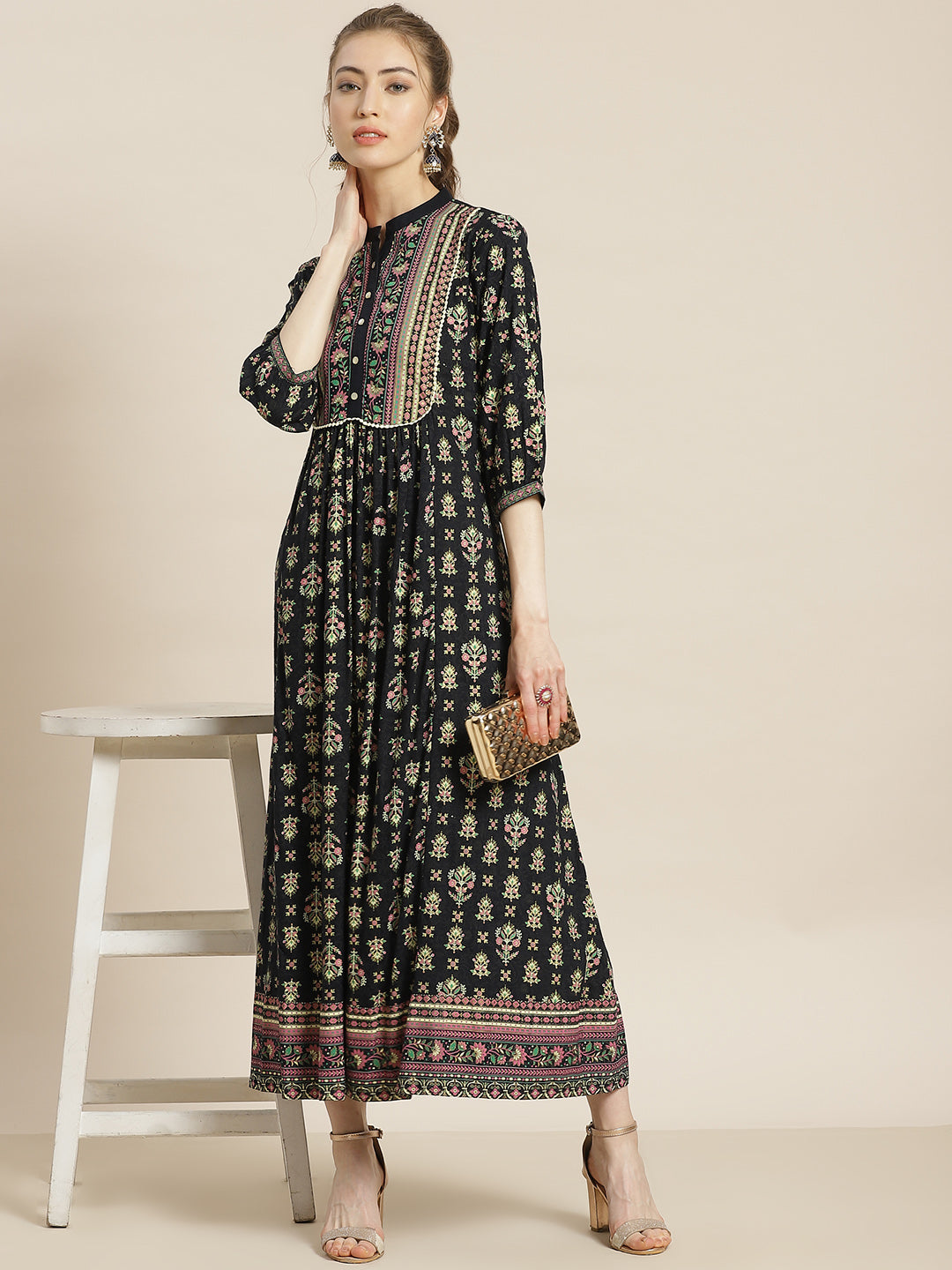 Juniper Womens Dark Blue Rayon Foil Printed Maxi Dress With Puff Sleeves And Button Closure | Swadesiicart