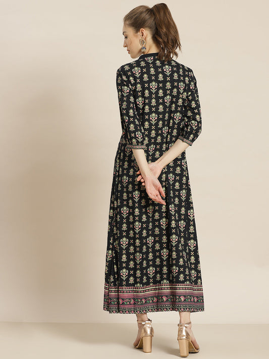 Juniper Womens Dark Blue Rayon Foil Printed Maxi Dress With Puff Sleeves And Button Closure | Swadesiicart