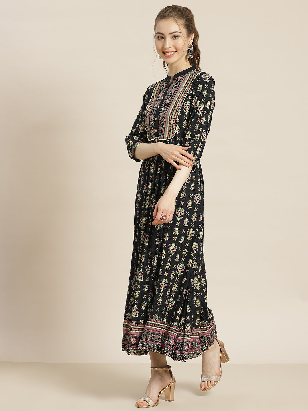 Juniper Womens Dark Blue Rayon Foil Printed Maxi Dress With Puff Sleeves And Button Closure | Swadesiicart