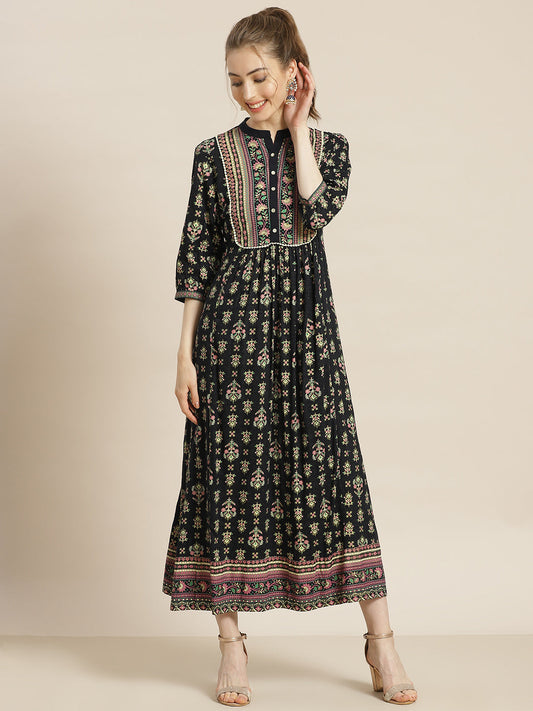 Juniper Womens Dark Blue Rayon Foil Printed Maxi Dress With Puff Sleeves And Button Closure | Swadesiicart
