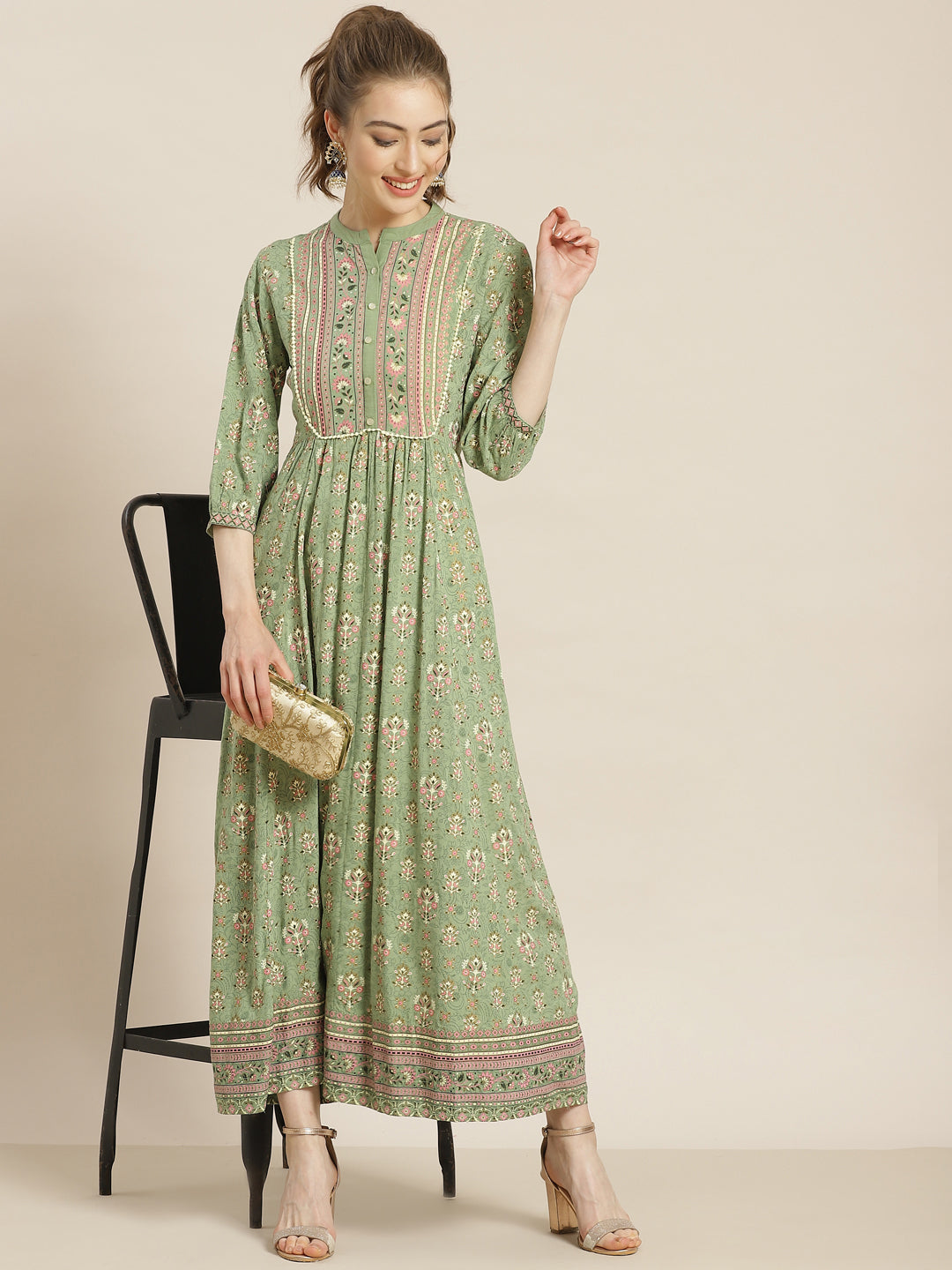 Juniper Womens Pistagreen Rayon Foil Printed Maxi Dress With Puff Sleeves And Button Closure | Swadesiicart