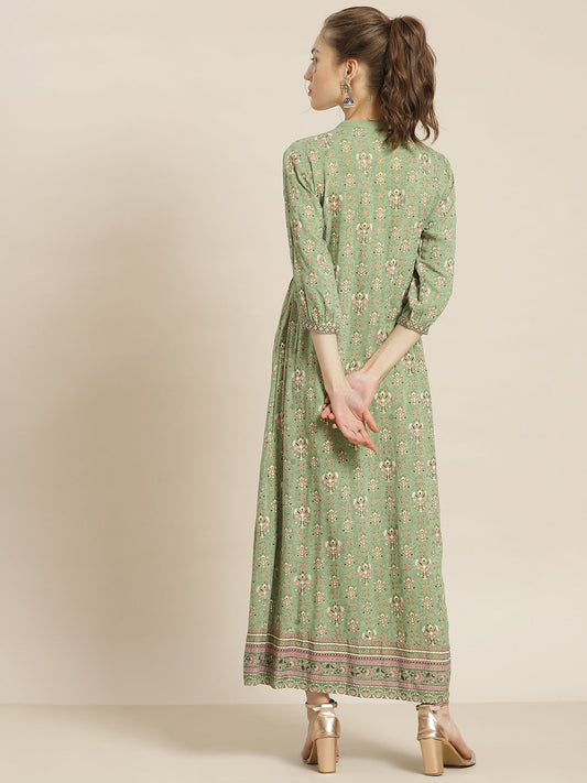 Juniper Womens Pistagreen Rayon Foil Printed Maxi Dress With Puff Sleeves And Button Closure | Swadesiicart