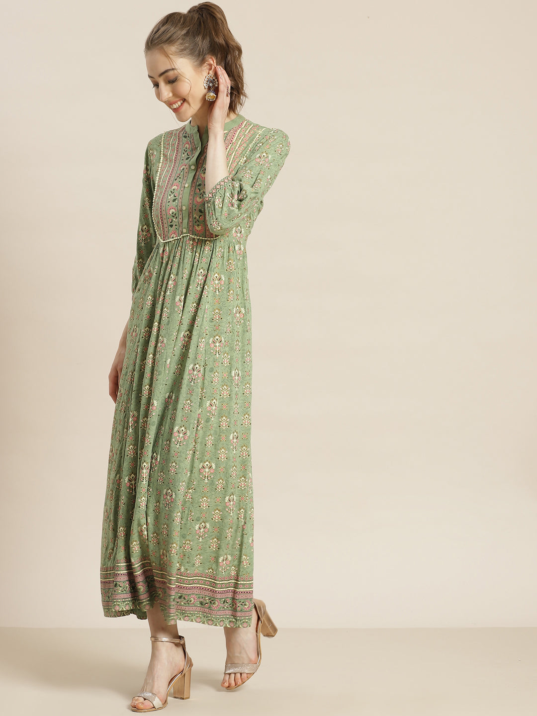 Juniper Womens Pistagreen Rayon Foil Printed Maxi Dress With Puff Sleeves And Button Closure | Swadesiicart