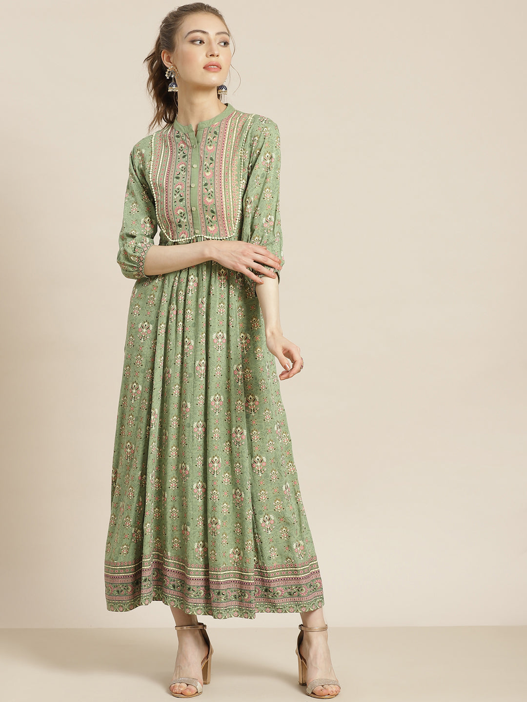 Juniper Womens Pistagreen Rayon Foil Printed Maxi Dress With Puff Sleeves And Button Closure | Swadesiicart