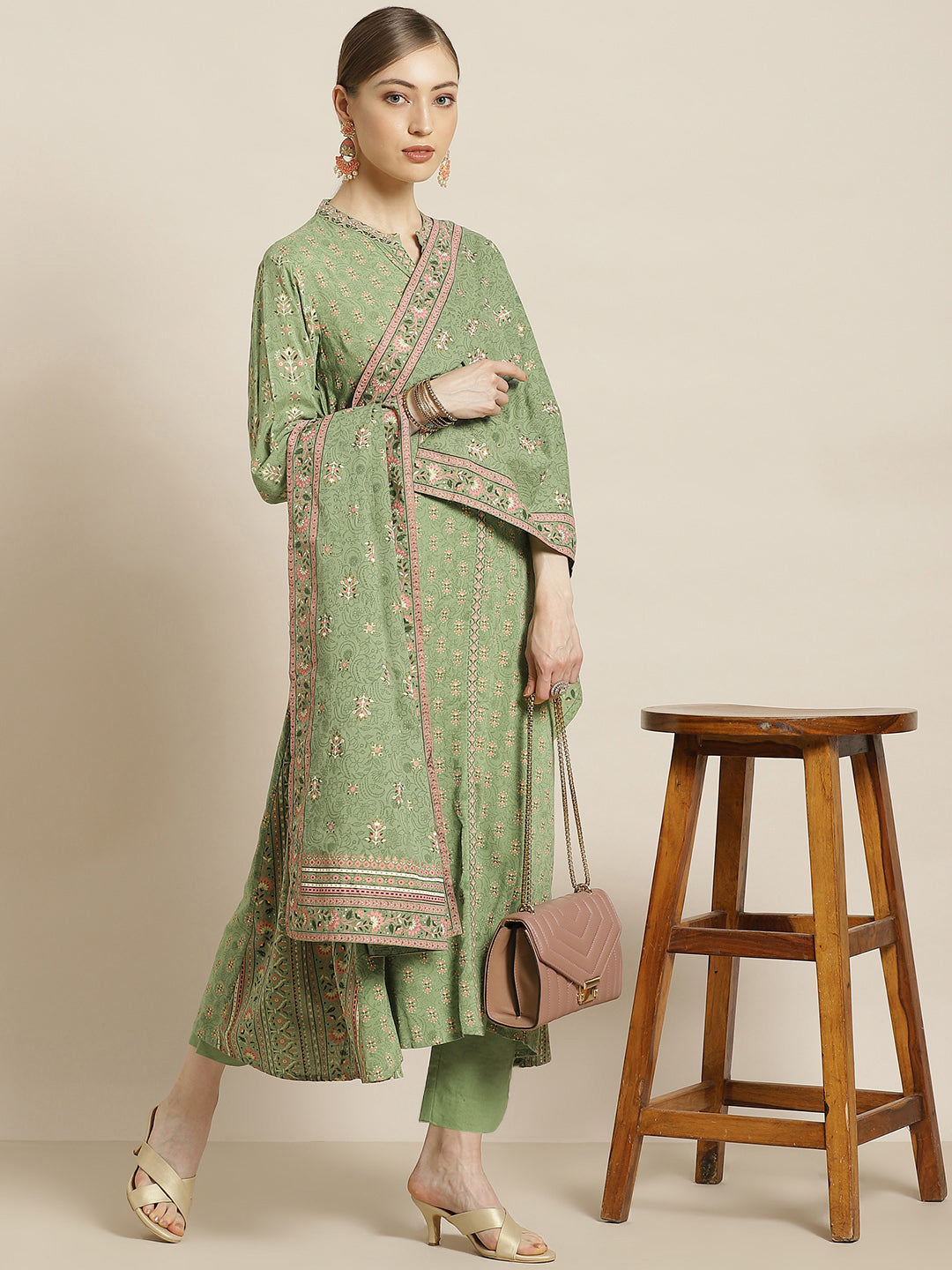 Juniper Womens Pistagreen Foil Printed Kurta Dress With Solid Pant And Printed Dupatta | Swadesiicart