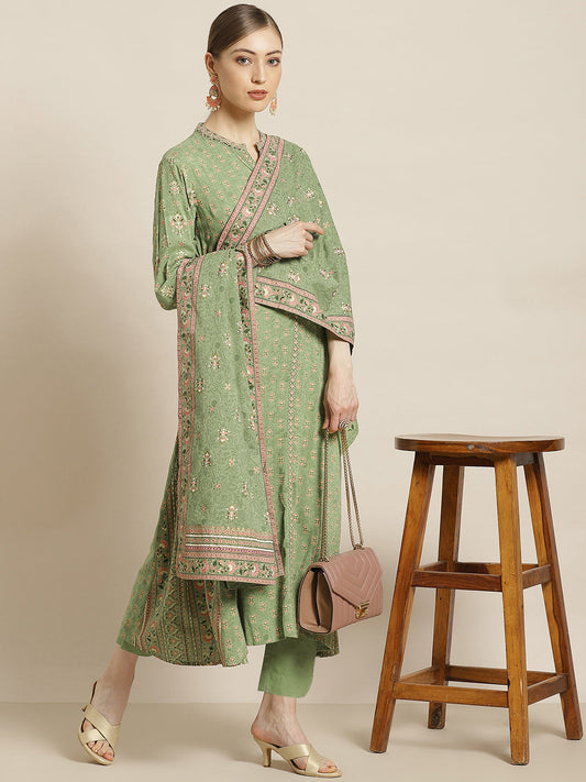 Juniper Womens Pistagreen Foil Printed Kurta Dress With Solid Pant And Printed Dupatta | Swadesiicart