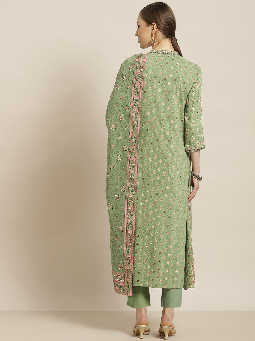 Juniper Womens Pistagreen Foil Printed Kurta Dress With Solid Pant And Printed Dupatta | Swadesiicart