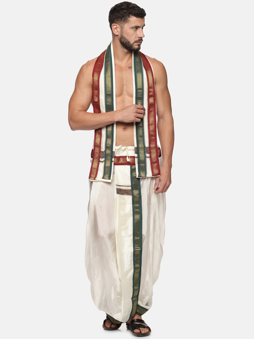 Sethukrishna Men Cream Coloured Solid Dhoti Pant With Angavastram | Swadesiicart