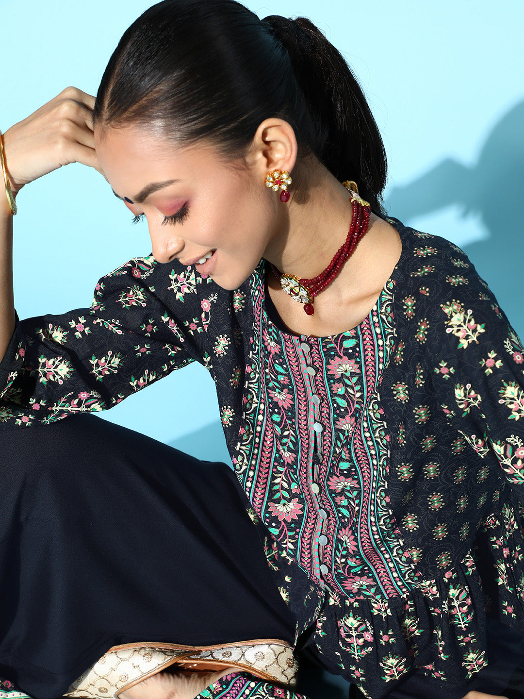 Juniper Womens Black Floral Printed Rayon Clothing Set | Swadesiicart