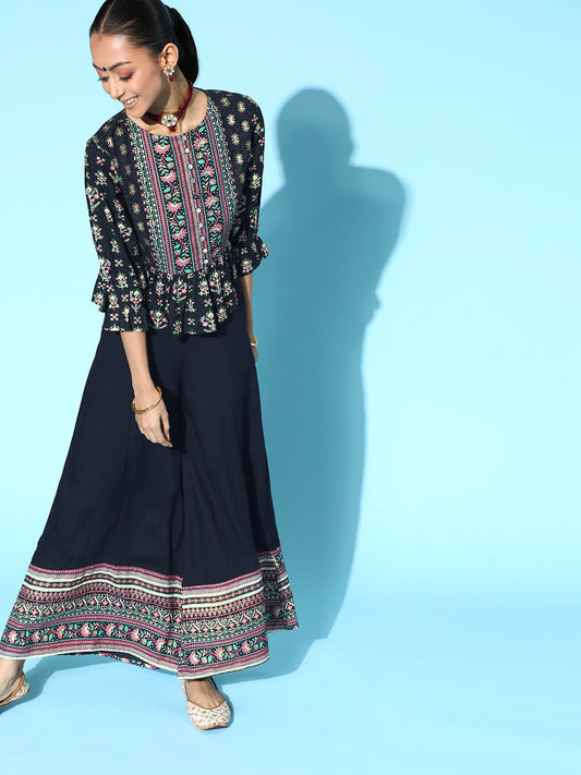Juniper Womens Black Floral Printed Rayon Clothing Set | Swadesiicart