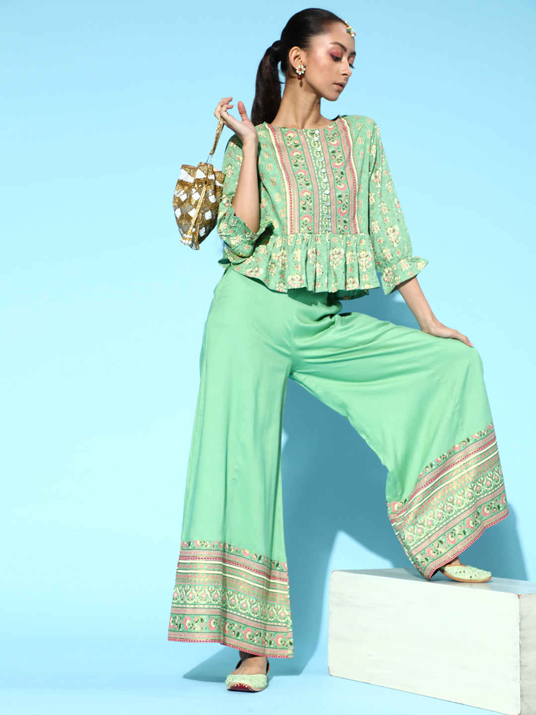 Juniper Womens Pistagreen Floral Printed Rayon Clothing Set | Swadesiicart