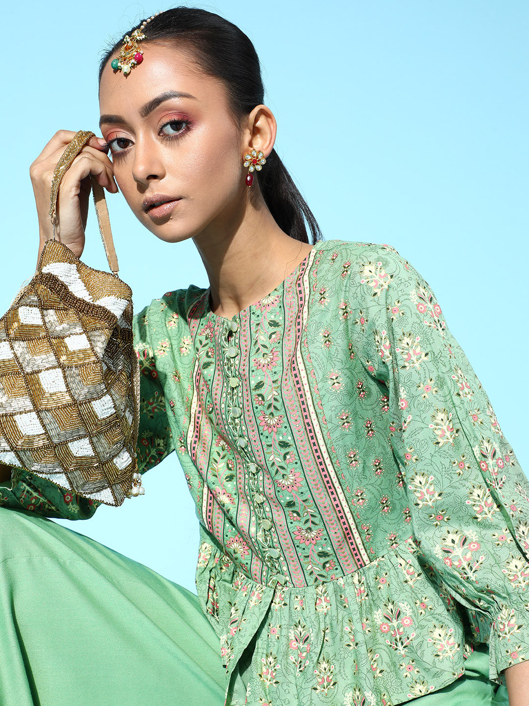 Juniper Womens Pistagreen Floral Printed Rayon Clothing Set | Swadesiicart