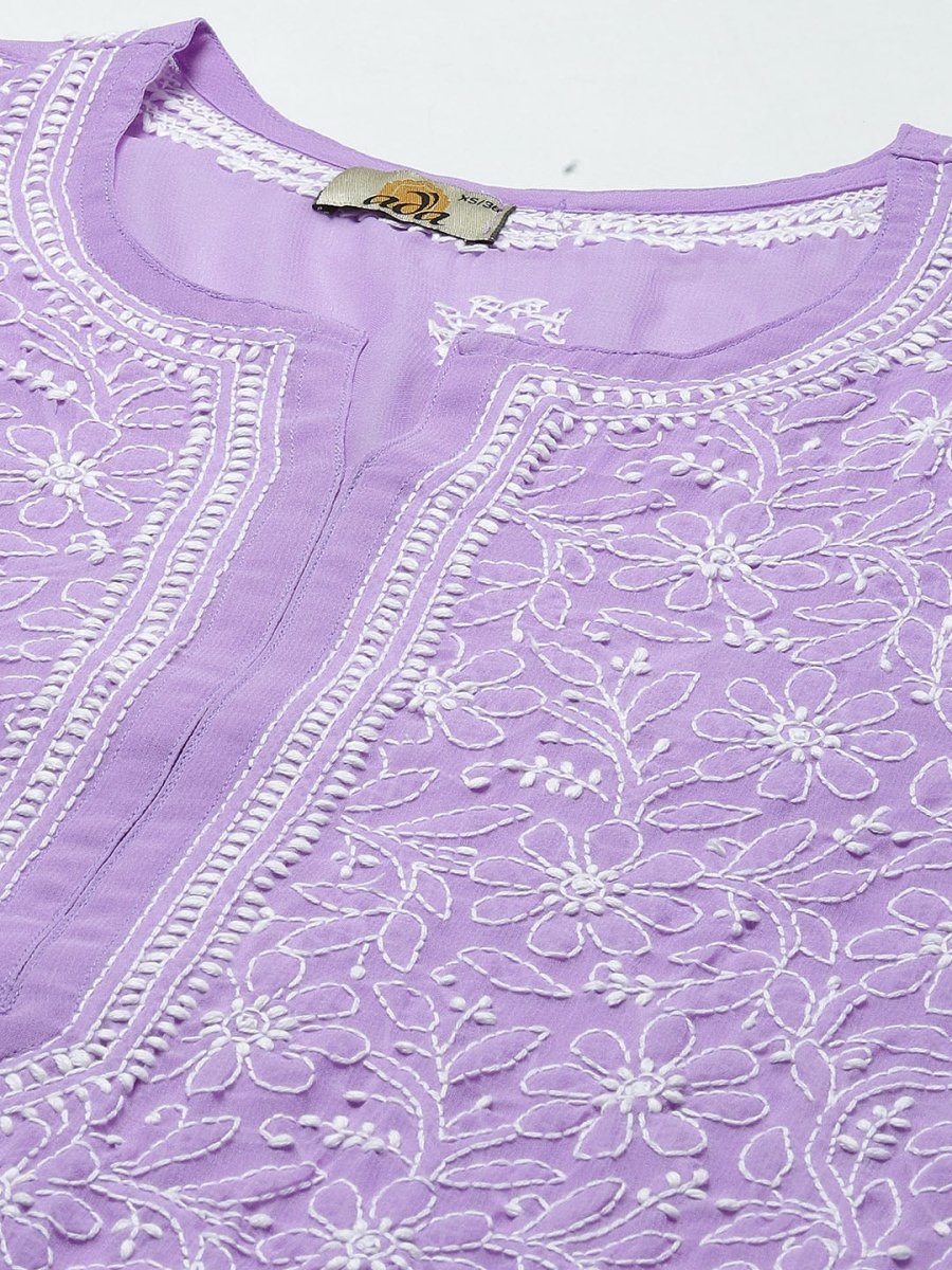 ADA Women Purple & White Ethnic Motifs Embroidered Chikankari Georgette Kurta | Swadesiicart