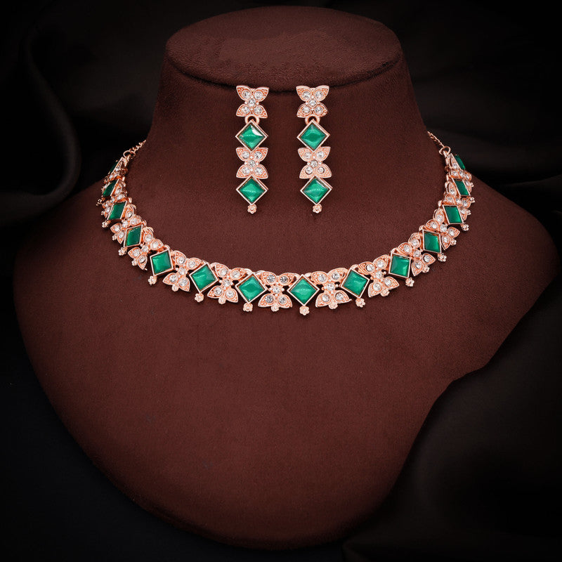 Tehzeeb Creations Rose Gold-Polished Green Choker Necklace With Dangle Earrings - Swadesiicart