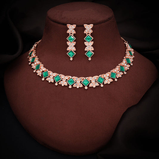 Tehzeeb Creations Rose Gold-Polished Green Choker Necklace With Dangle Earrings - Swadesiicart