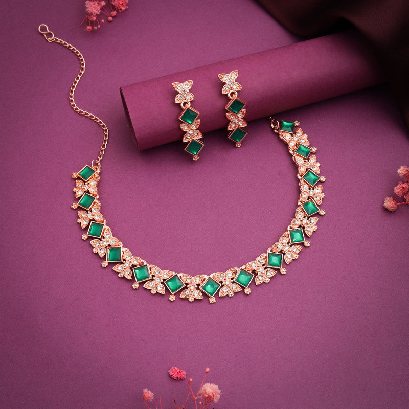 Tehzeeb Creations Rose Gold-Polished Green Choker Necklace With Dangle Earrings - Swadesiicart