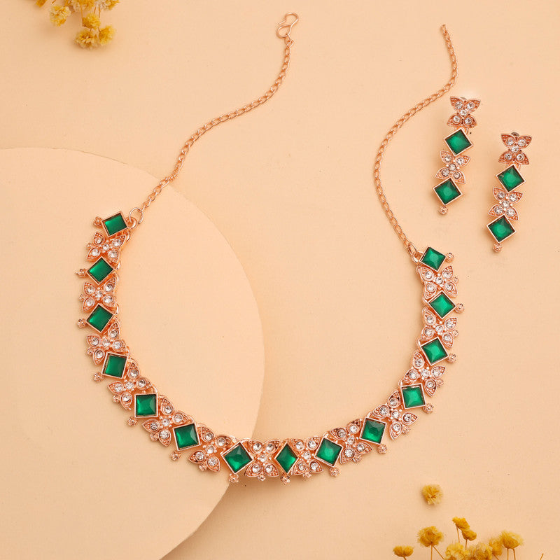 Tehzeeb Creations Rose Gold-Polished Green Choker Necklace With Dangle Earrings - Swadesiicart