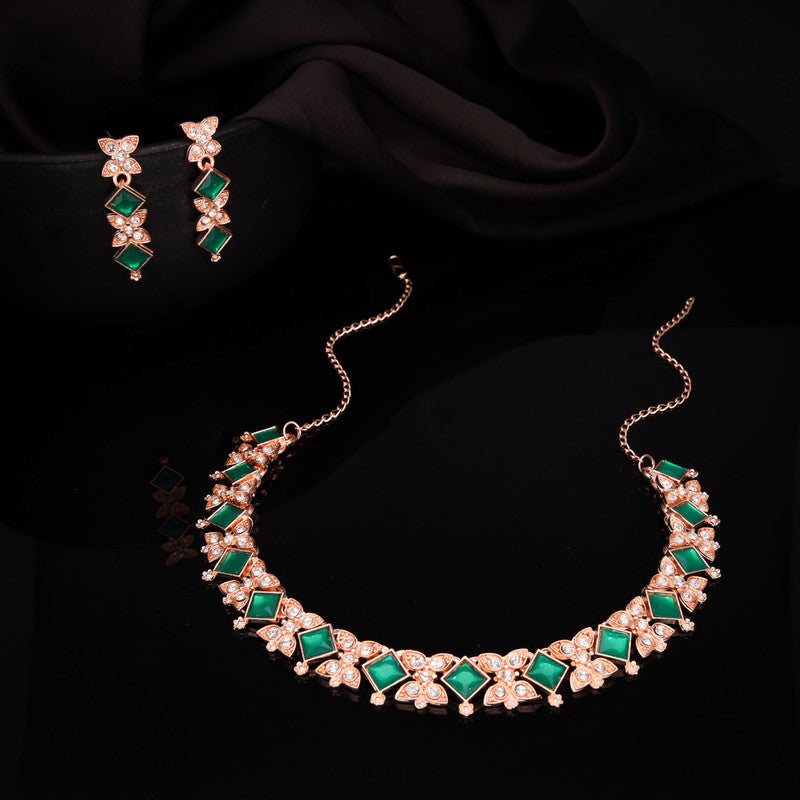 Tehzeeb Creations Rose Gold-Polished Green Choker Necklace With Dangle Earrings - Swadesiicart