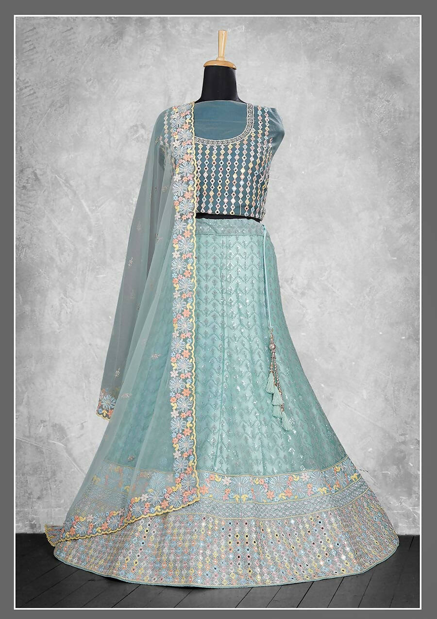 Sky Blue Net Embroidery & Thread Work Bridal lahenga Choli with Dupatta - Nimaya Pavitra Rista | Swadesiicart