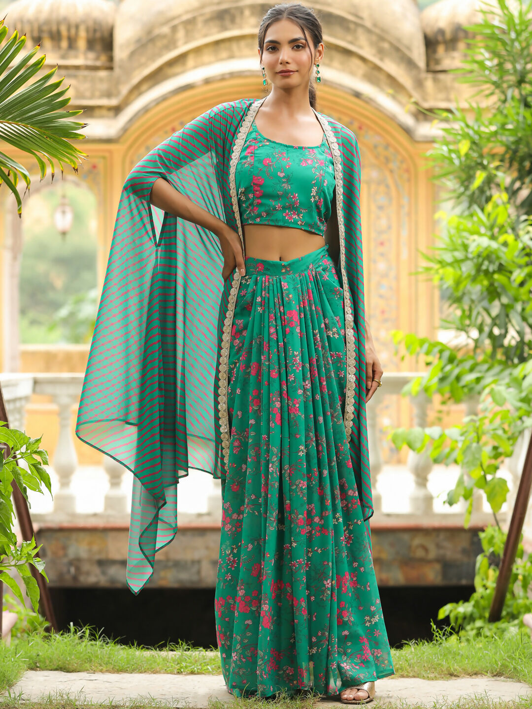 Janasya Green Georgette Floral Top Bottom Cape | Swadesiicart
