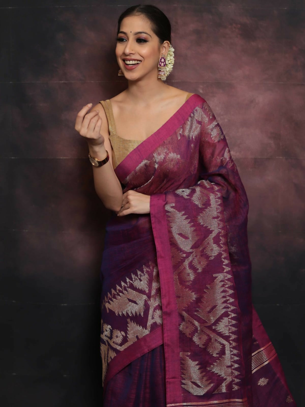 Exclusive Collection Brown Beautiful Linen Jamdani Saree - Swadesiicart