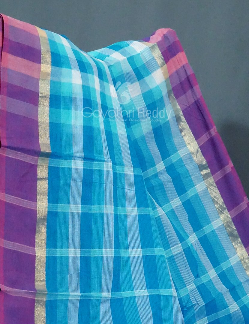 Sky Blue With Checks Pure Mangalgiri Cotton Saree By Gayathri Reddy Designer Studio | Swadesiicart
