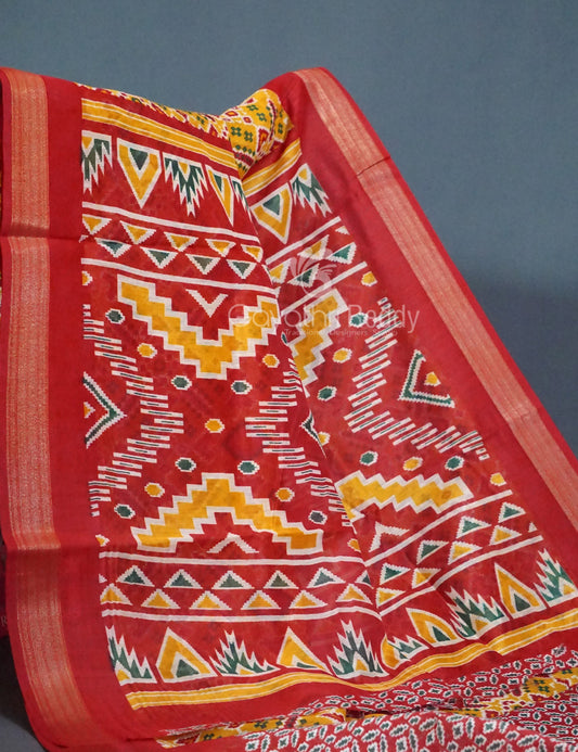 Shades of Mango Yellow Colour Patola Print Semi Chanderi Saree By Gayathri Reddy Designer Studio | Swadesiicart