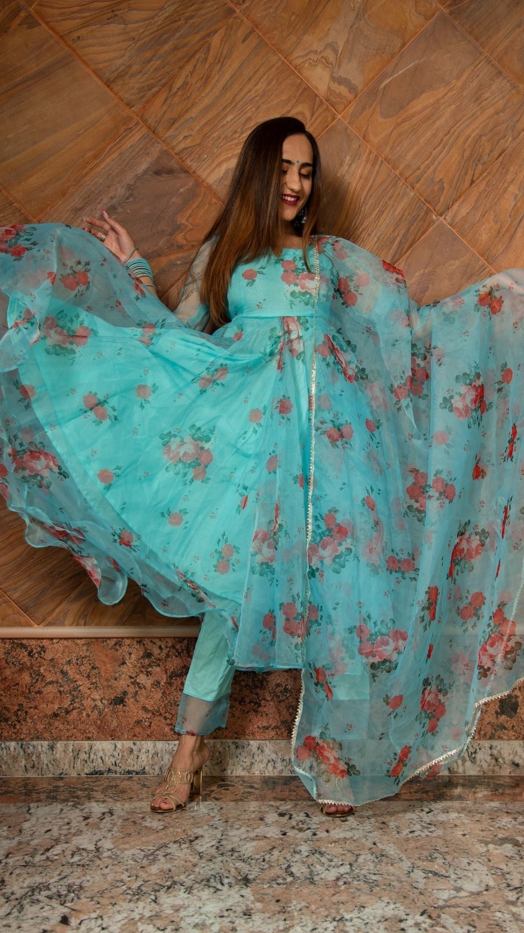 Pomcha Jaipur Blue And Red Floral Organza Anarkali Set | Swadesiicart