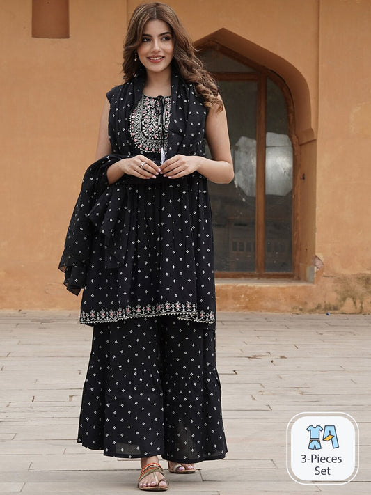 Kalini Ethnic Motifs Printed Tie-Up Neck Thread Work A-Line Kurta with Sharara & Dupatta | Swadesiicart
