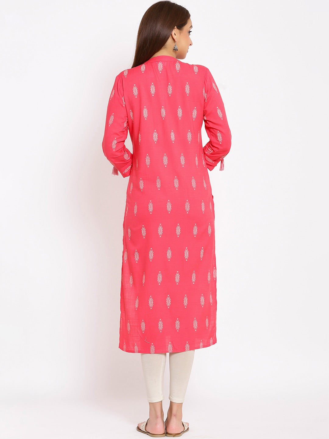 HERE&NOW Pink Mandarin Collar Ethnic Motifs Printed Pure Cotton Kurta - Swadesiicart