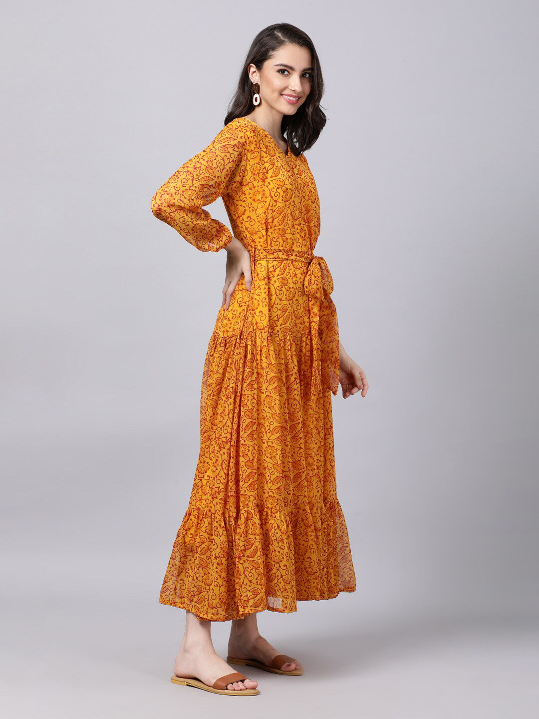 Souchii Yellow Floral Layered Chiffon Maxi Dress - Swadesiicart