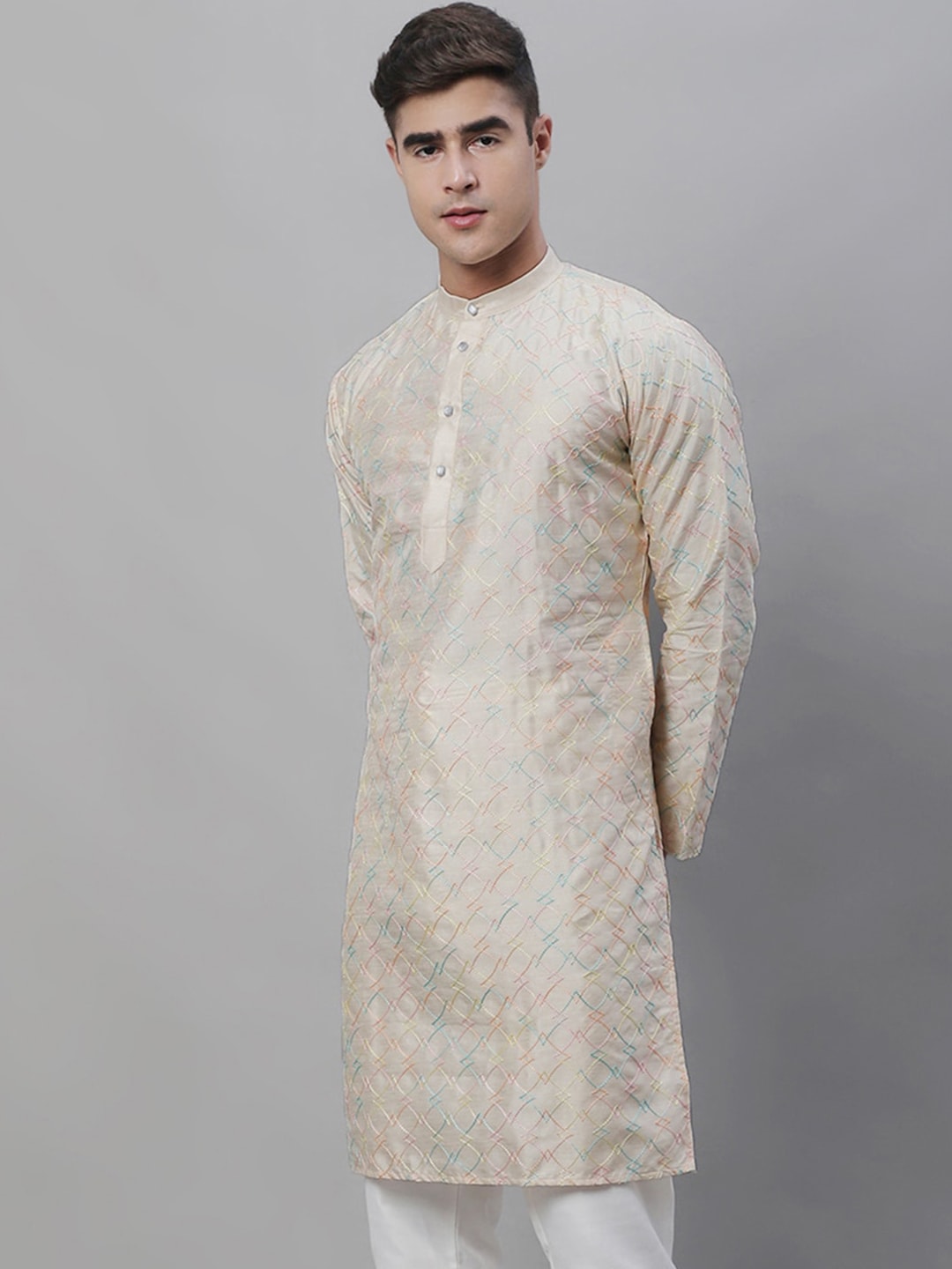 Sojanya Band Collar Embroidered Cotton Silk Kurta | Swadesiicart