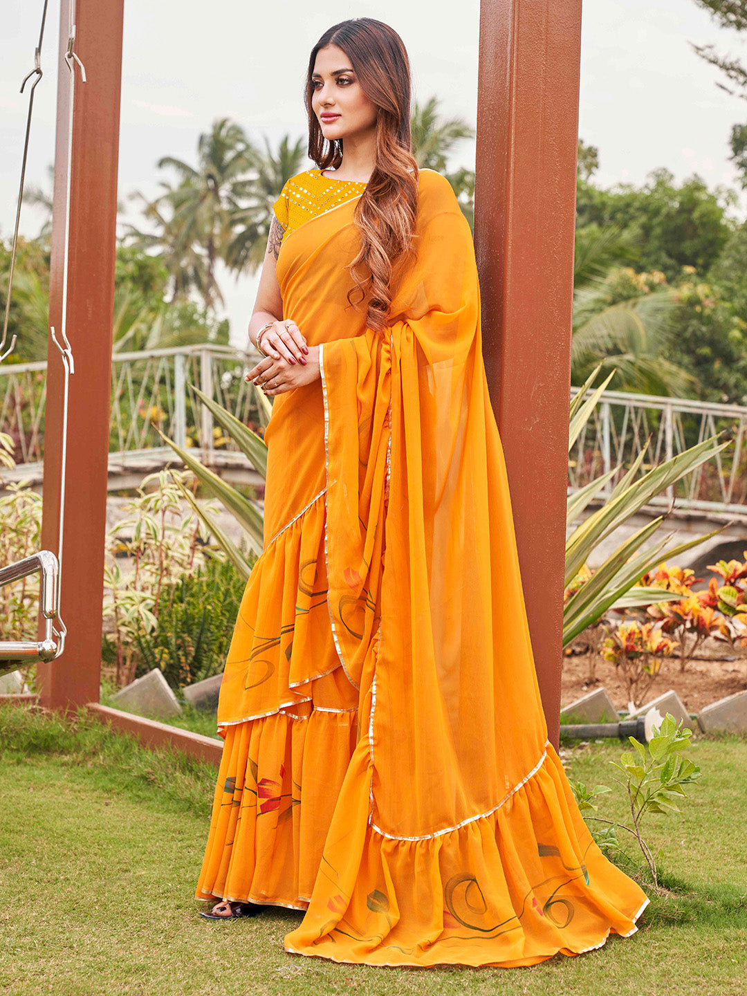 Tikhi Imli Mustard Yellow Gotta Patti Ruffles Saree | Swadesiicart