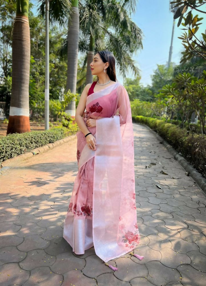 Vamsee Mehar Baby Pink Organza Saree - Swadesiicart