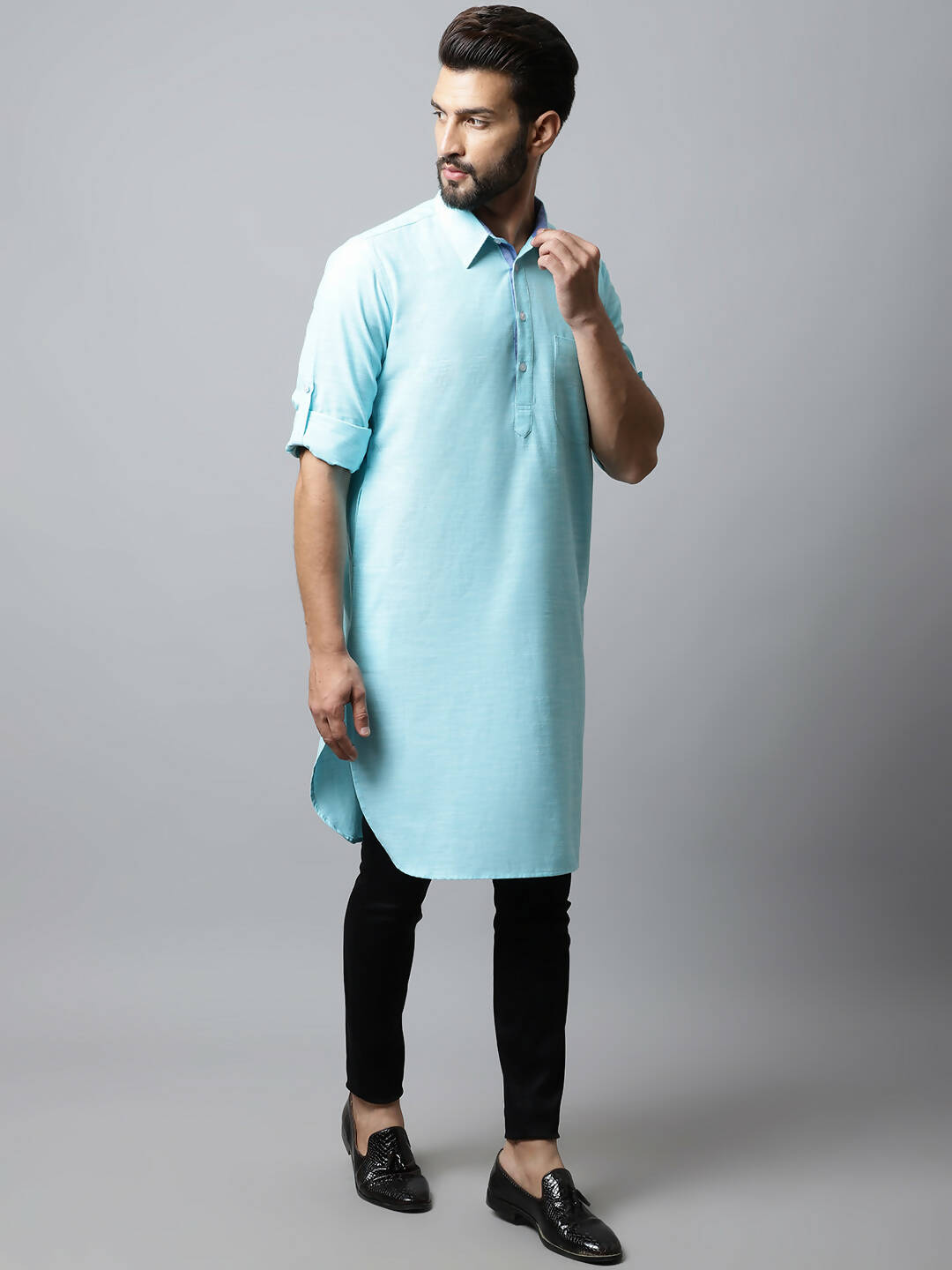 Even Apparels Blue Color Pure Cotton Solid Men's Kurta With Shirt Collar (SLD1132) | Swadesiicart