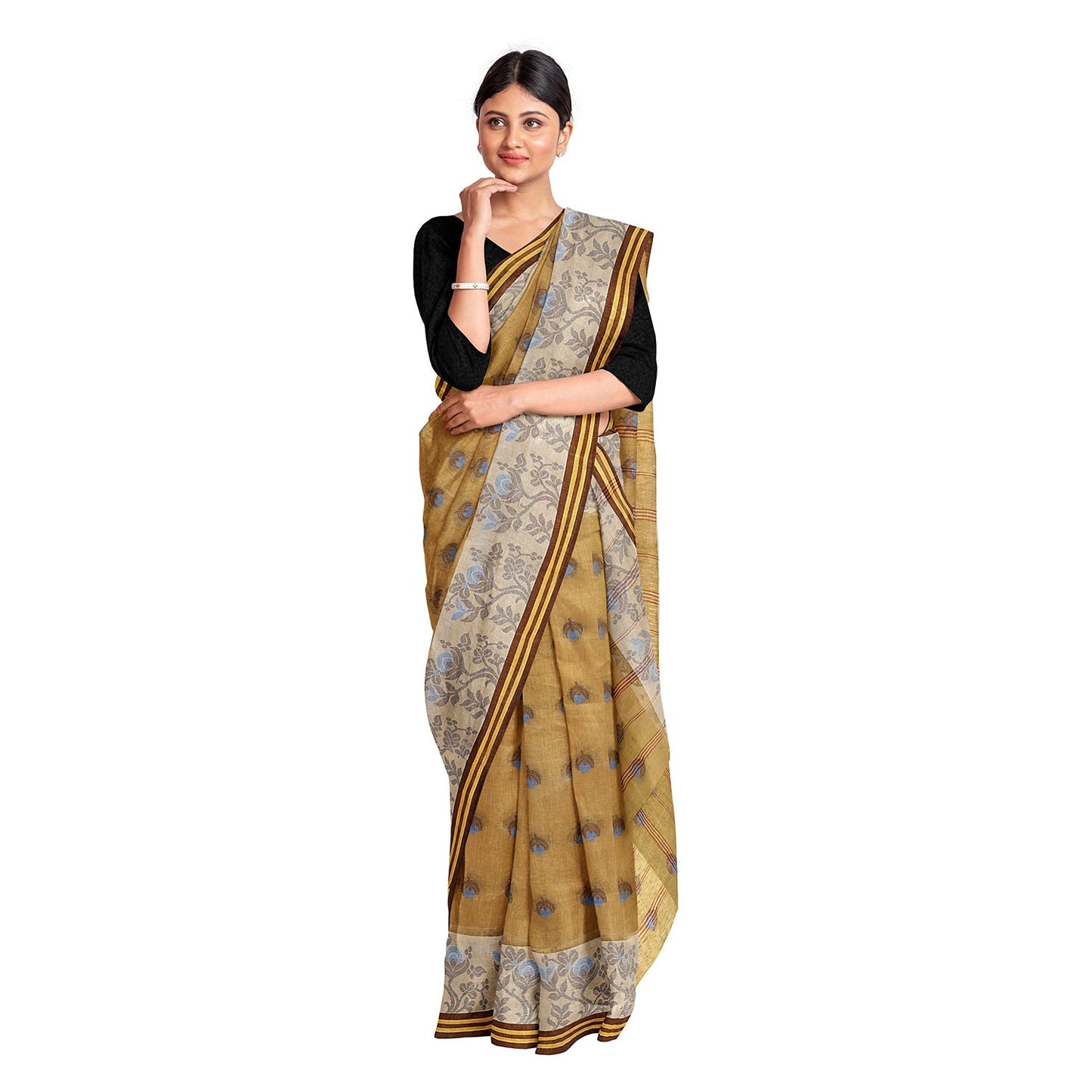 Exclusive Collection 100% Pure Cotton Light Beige Tant Saree With Hand Weaving Work - Swadesiicart