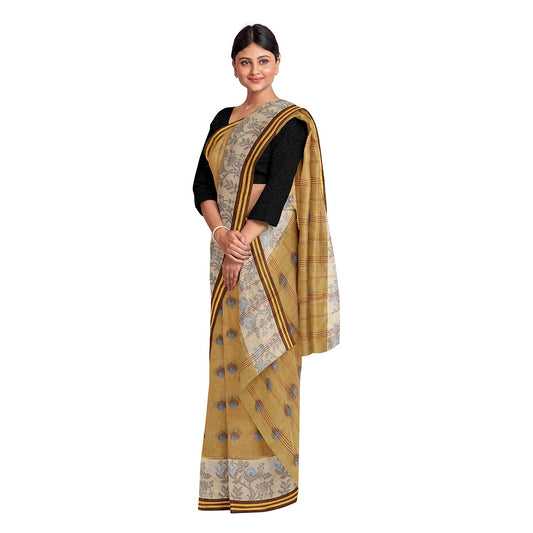 Exclusive Collection 100% Pure Cotton Light Beige Tant Saree With Hand Weaving Work - Swadesiicart