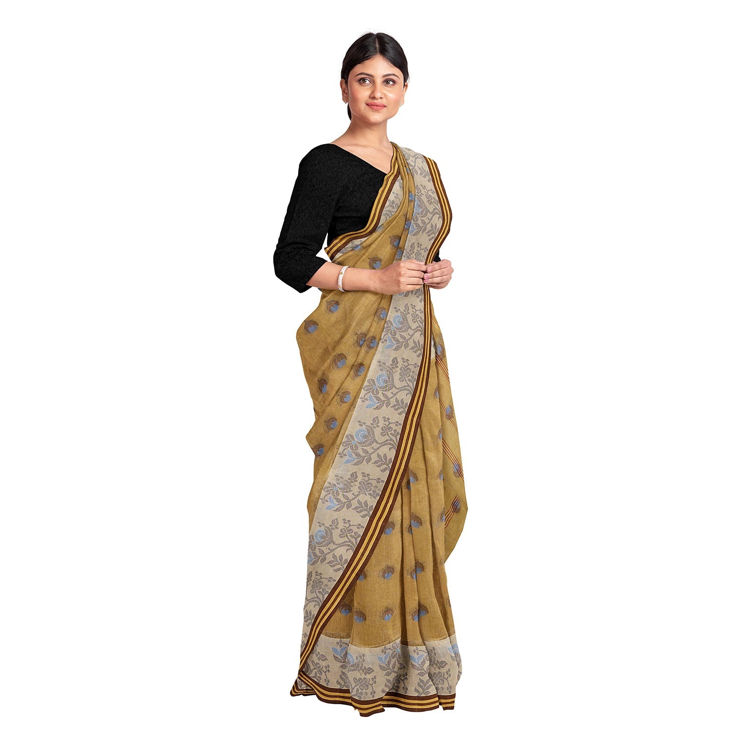 Exclusive Collection 100% Pure Cotton Light Beige Tant Saree With Hand Weaving Work - Swadesiicart